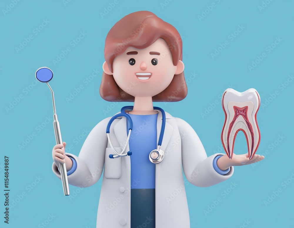3D friendly dentist holds a dental mirror and a model of a healthy tooth 3D friendly dentist holds a dental mirror and a model of a healthy tooth