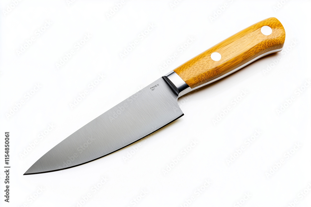 Selective focus stainless cooking knife with wooden handle isolated on white background, Close up shot kitchenware sharp knife on white. Selective focus stainless cooking knife with wooden handle isolated on white background, Close up shot kitchenware sharp knife on white.