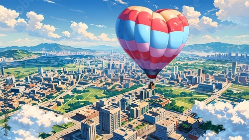 A heart-shaped hot air balloon floating over a city skyline, holiday promo poster valentine day sale banner background, vibrant colors, romantic love and harmony photo