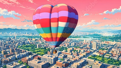 A heart-shaped hot air balloon floating over a city skyline, holiday promo poster valentine day sale banner background, vibrant colors, romantic love and harmony photo