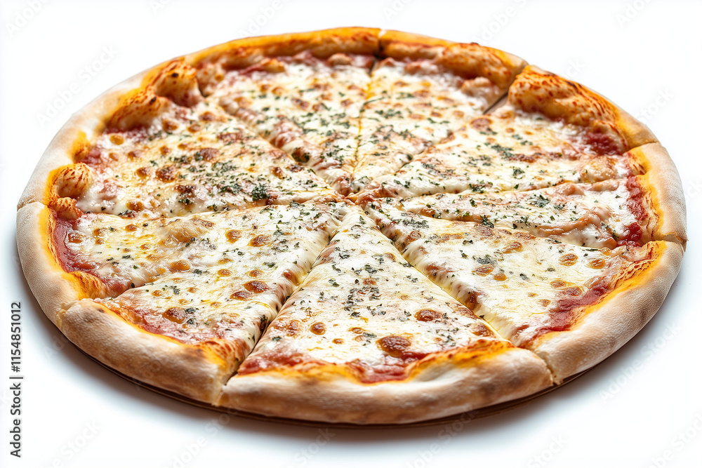 Top view fresh baked pizza isolated on white background, Selective focus pizza sliced on white, Close up shot four cheese pizza tray.