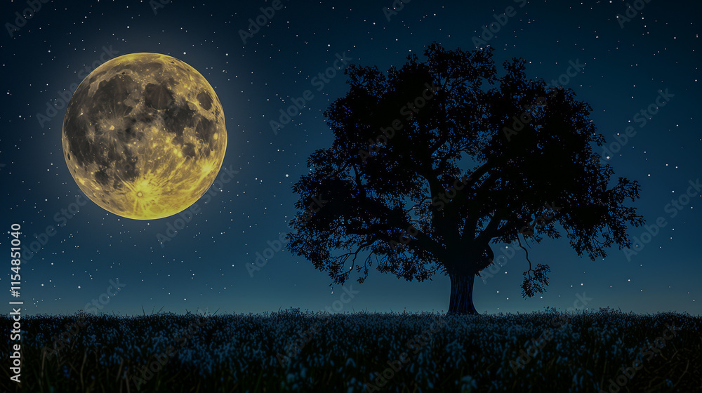 Fototapeta premium Full Moon and Tree Silhouette Under a Starry Night Sky..