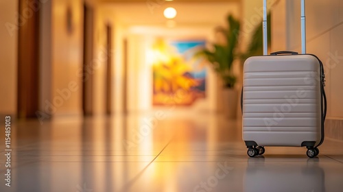 A modern white suitcase rests on a polished floor, while a soft tropical travel poster blurs in the background, inspiring dreams of exotic getaways photo