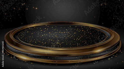 Luxurious Golden Stage with Sparkling Lights on Black Background