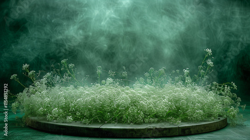 Ethereal White Flowers Emerging from Misty Green Surroundings