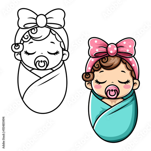 Cute cartoon little baby girl with pacifier. Baby silhouette simple vector illustration cartoon character for logos, signs, icons and design cards, invitations and baby shower