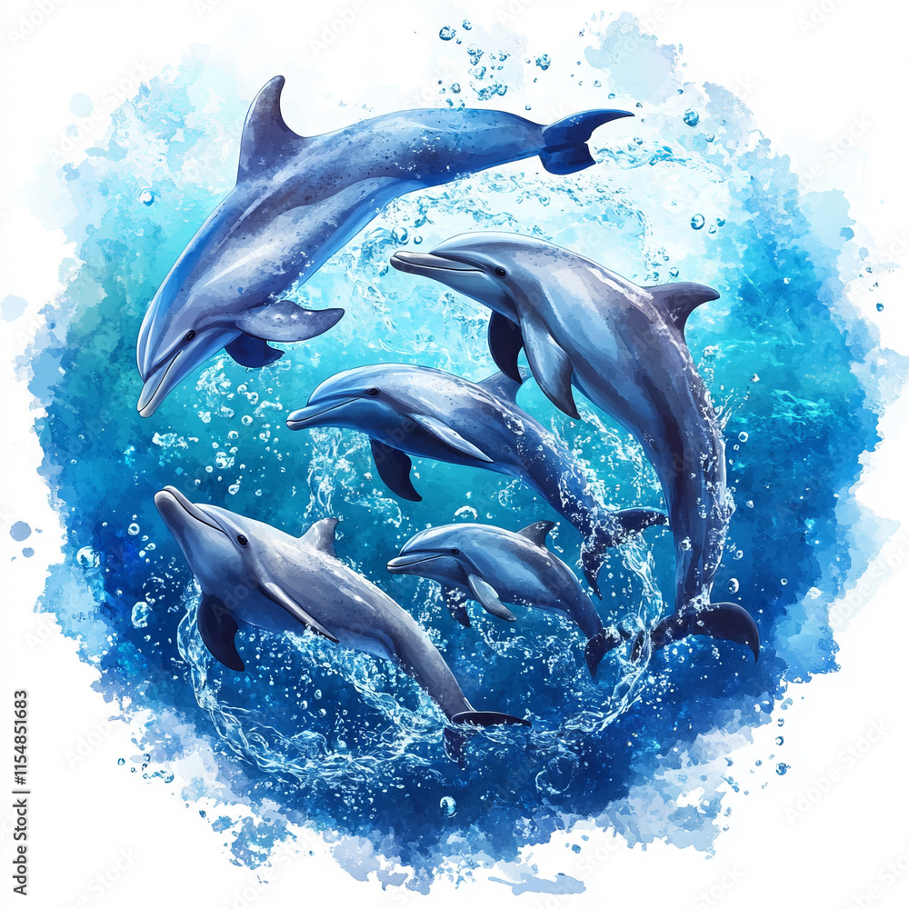 Obraz premium pod of dolphins gracefully diving in deep blue water, creating splashes and trails of bubbles, surrounded by vibrant aquatic background