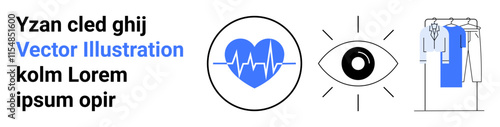 Heartbeat inside blue heart, eye icon, clothes on hangers. Ideal for health awareness, medical topics, fashion, vision care, fitness wellbeing technology themes. Landing page