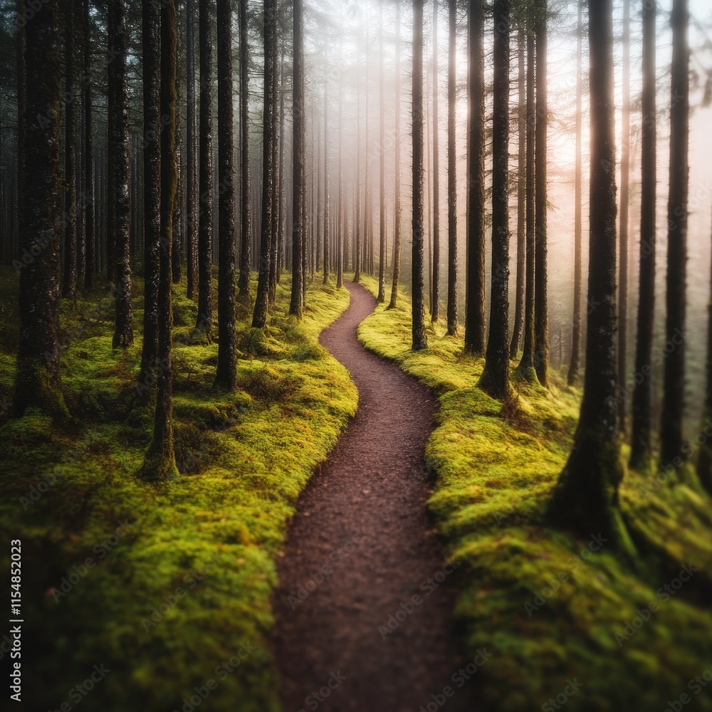 Obraz premium A serene forest path winds through tall trees, enveloped in mist and lush greenery, inviting exploration and tranquility.