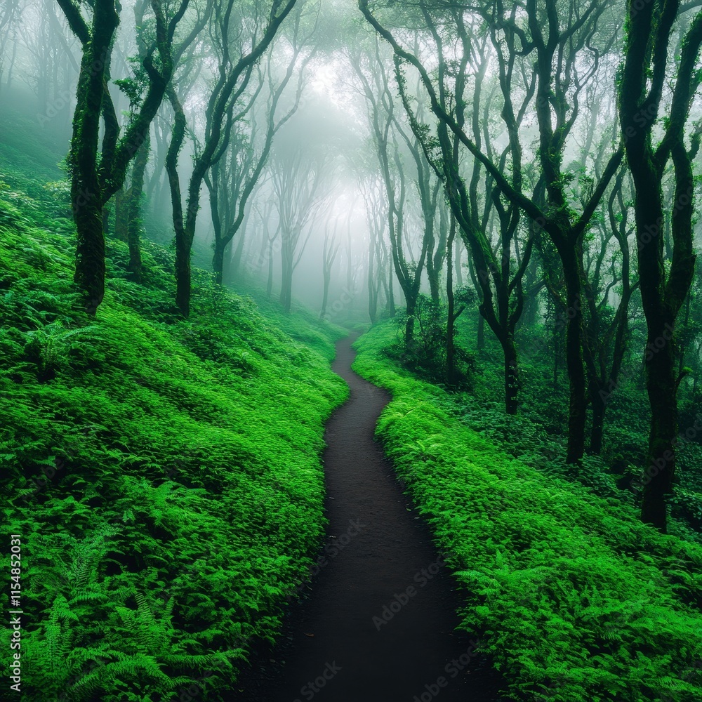 Fototapeta premium A serene forest path winds through lush greenery, enveloped in mist, creating a tranquil and inviting atmosphere for nature lovers and hikers.