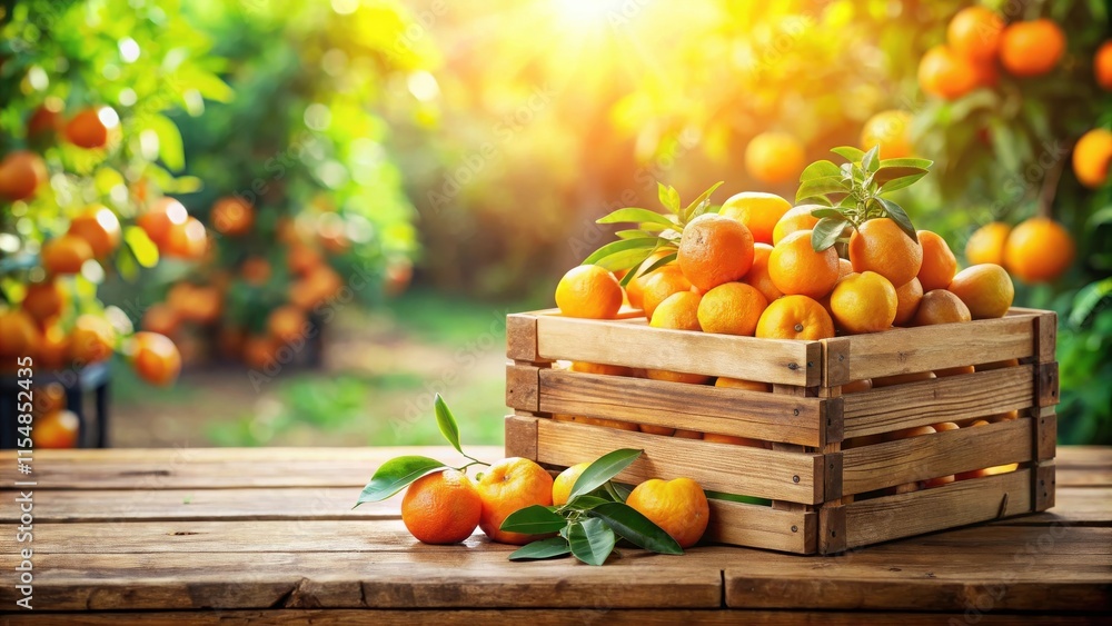 A wooden crate overflowing with fresh citrus fruits, nestled amongst vibrant green foliage under the warm glow of sunlight A wooden crate overflowing with fresh citrus fruits, nestled amongst vibrant green foliage under the warm glow of sunlight