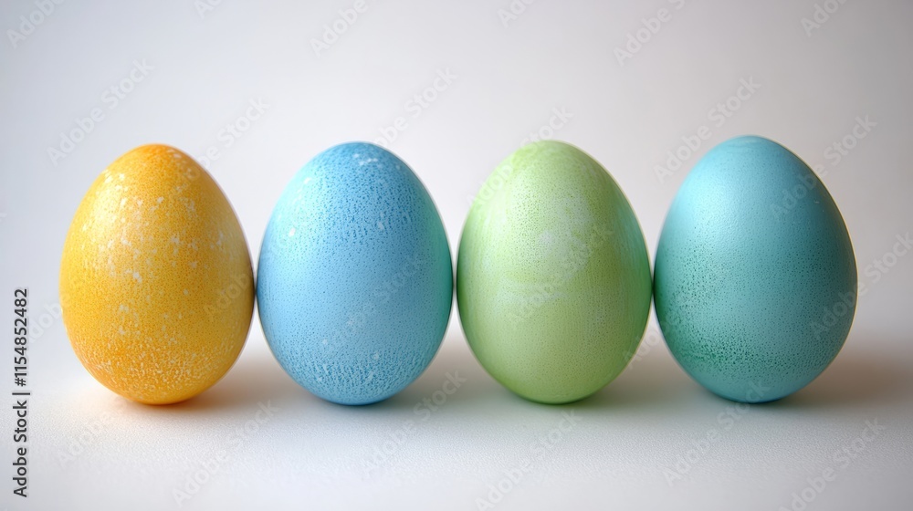 Colorful Easter eggs in light shades of blue, yellow, and green on a soft white background Colorful Easter eggs in light shades of blue, yellow, and green on a soft white background
