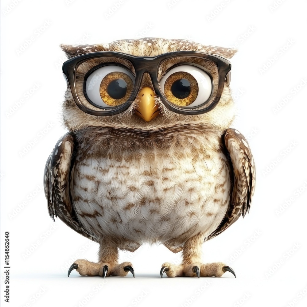 Fototapeta premium Adorable Cartoon Owl with Glasses, Captured in a Whimsical Style, Perfect for Children's Media, Educational Materials, or Nature-Themed Projects