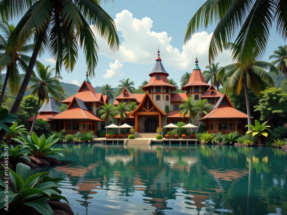 Naklejka premium Luxurious Tropical Resort Villa Palm Trees Pool Ocean View