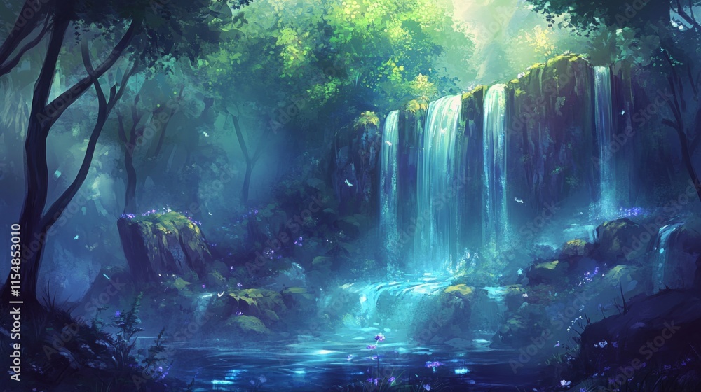 Fototapeta premium Peaceful Waterfall in a Lush Forest Landscape