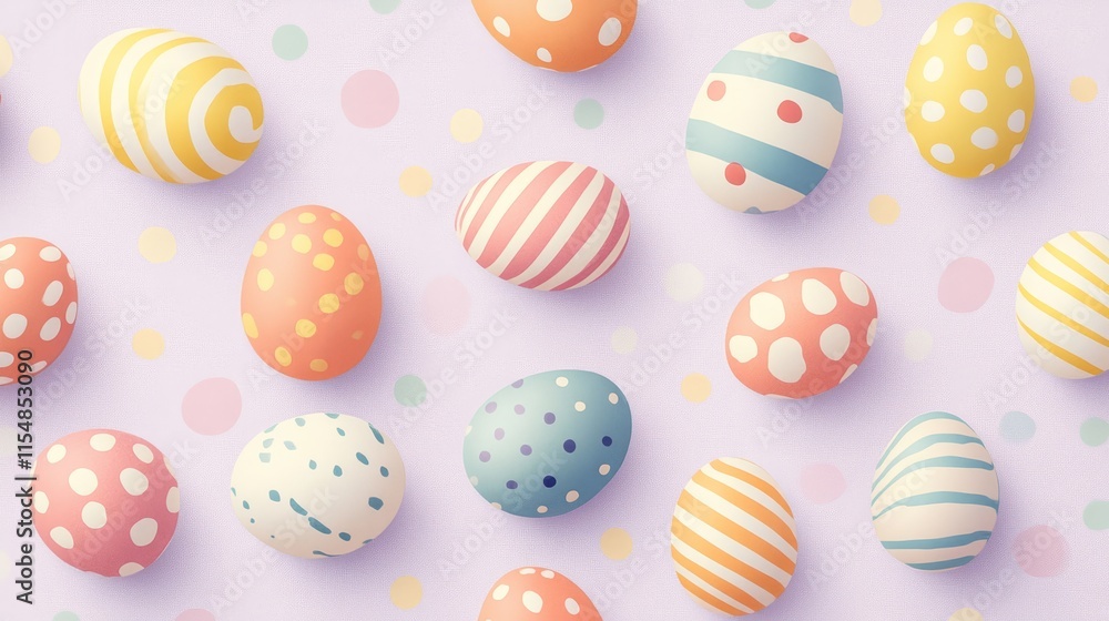 Cute small Easter eggs in different bright colors with stripes and polka dots on a light lavender background Cute small Easter eggs in different bright colors with stripes and polka dots on a light lavender background
