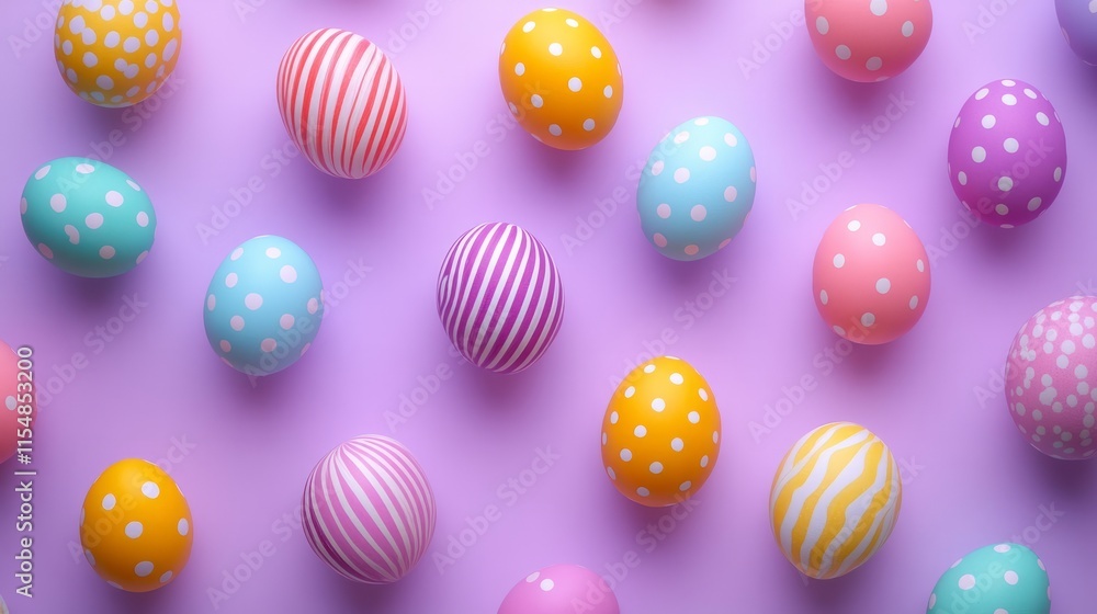 Cute small Easter eggs in different bright colors with stripes and polka dots on a light lavender background Cute small Easter eggs in different bright colors with stripes and polka dots on a light lavender background