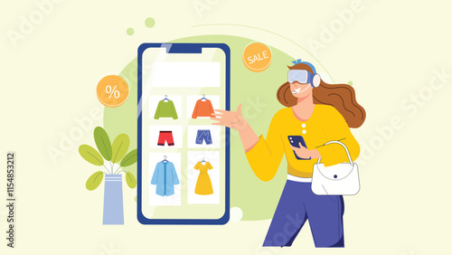 A detailed design highlighting immersive VR shopping experiences, with customers exploring products in virtual environments.