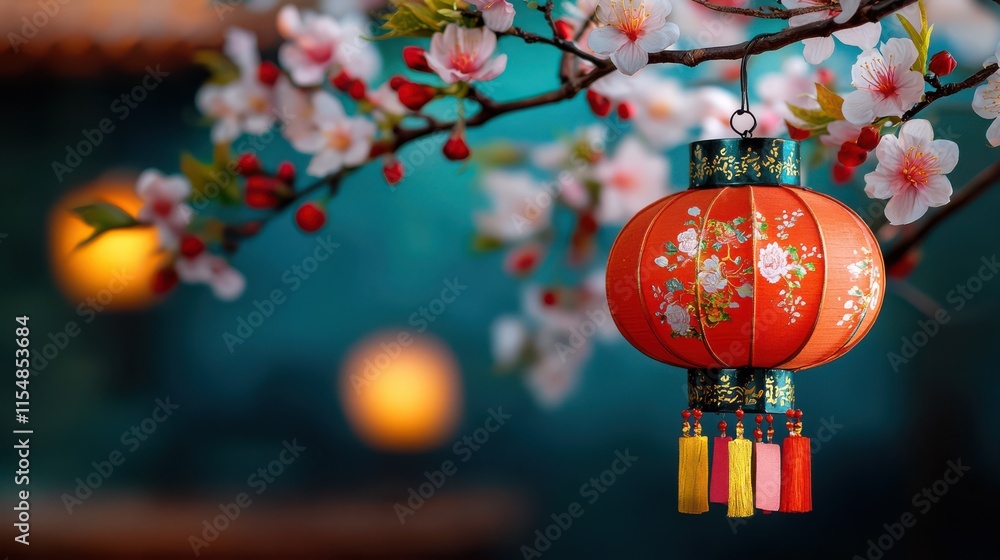 Fototapeta premium [Cherry Blossom Lanterns During Spring] Cherry Blossom Lanterns Against Dark Night Sky with Red Ornament, Traditional Spring Scene Capturing Peace & Beauty of Cherry Blossom Season