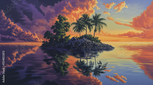 Tranquil Island Sunset: Surrealism Painting