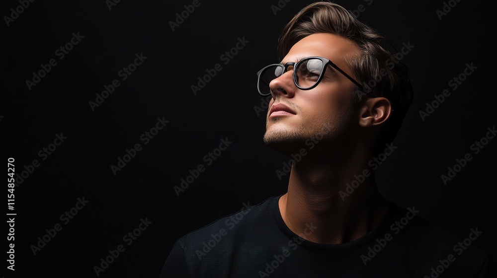 Fototapeta premium Stylish Young Man Against Sleek Black Background in Minimalist Style