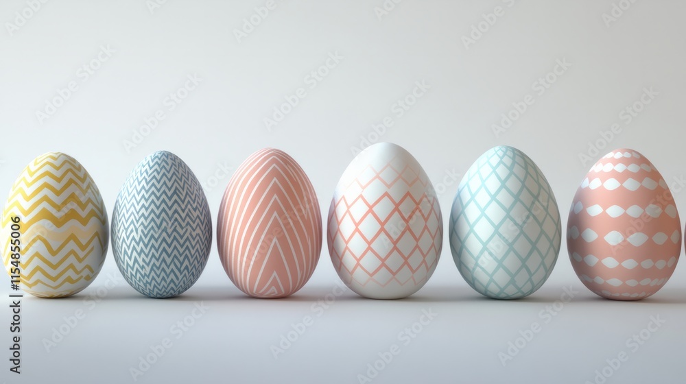 Light pastel Easter eggs with simple geometric patterns on a clean white background Light pastel Easter eggs with simple geometric patterns on a clean white background