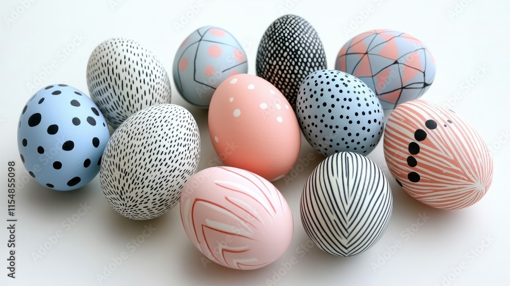 Fototapeta premium Light pastel-colored Easter eggs with simple patterns, arranged in a subtle pattern on a soft white background
