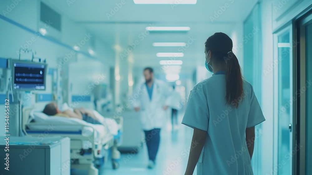 Obraz premium Hospital Care Specialist doctor interacting a patient in a busy hospital ward