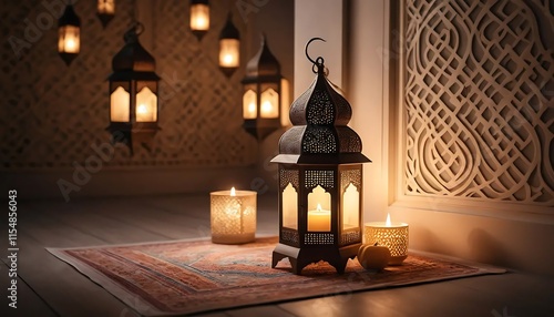 Ornate Metal Lantern Candles Warm Ramadan Setting