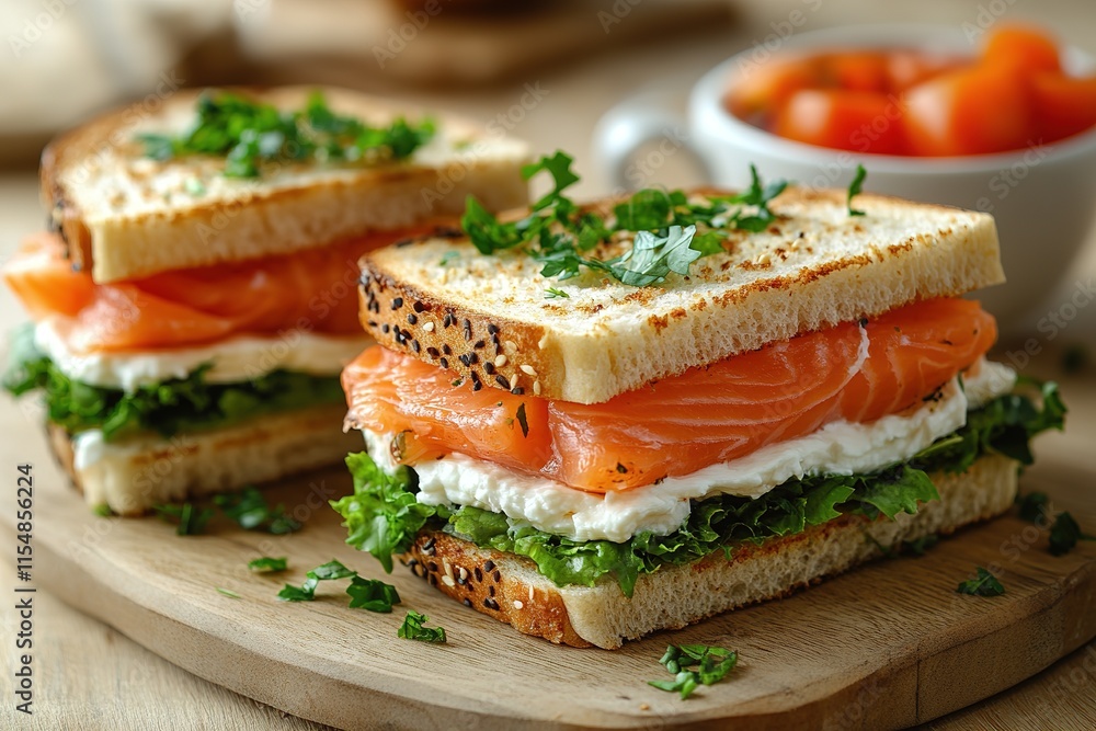 Fresh healthy salmon sandwich with lettuce and cucumber with paper cup of coffee on white stone background. Breakfast snack Fresh healthy salmon sandwich with lettuce and cucumber with paper cup of coffee on white stone background. Breakfast snack