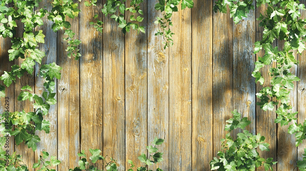 An aged wooden fence adorned with ivy forms a rustic setting, with soft sunlight casting delicate shadows that accentuate the textures of the weathered wood and verdant foliage. An aged wooden fence adorned with ivy forms a rustic setting, with soft sunlight casting delicate shadows that accentuate the textures of the weathered wood and verdant foliage.