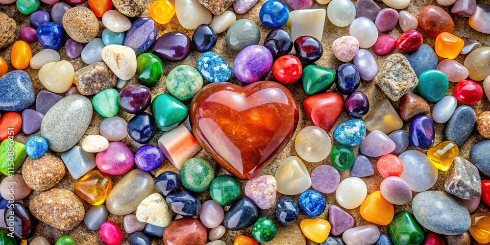A heart-shaped gemstone surrounded by an assortment of colorful polished stones A heart-shaped gemstone surrounded by an assortment of colorful polished stones