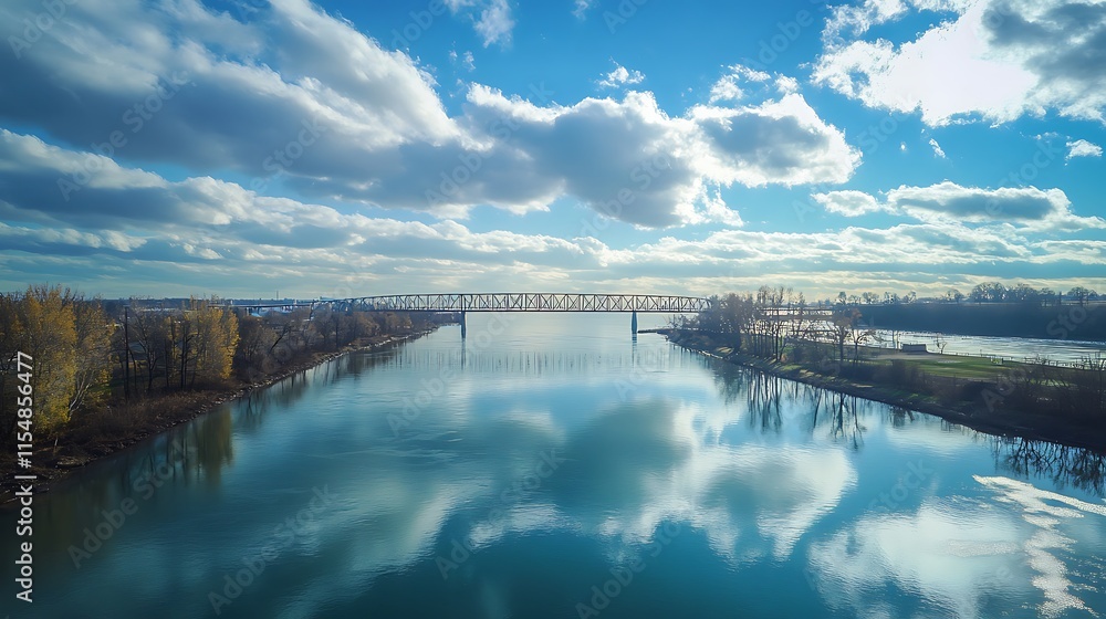 Fototapeta premium River Bridge Under a Cloudy Sky. Scenic Landscape with Reflection.