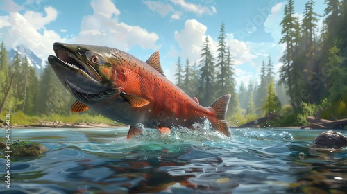 Salmon leaping from river water.