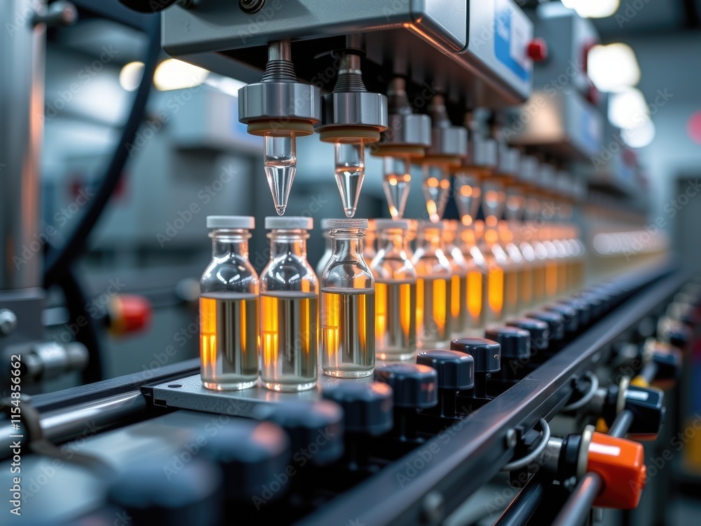 Naklejka premium Automated Liquid Filling Machine Industrial Production Line Manufacturing Process Glass Bottles