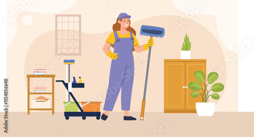 A professional artwork showing housekeeping staff cleaning with tools like mops and vacuum cleaners.
