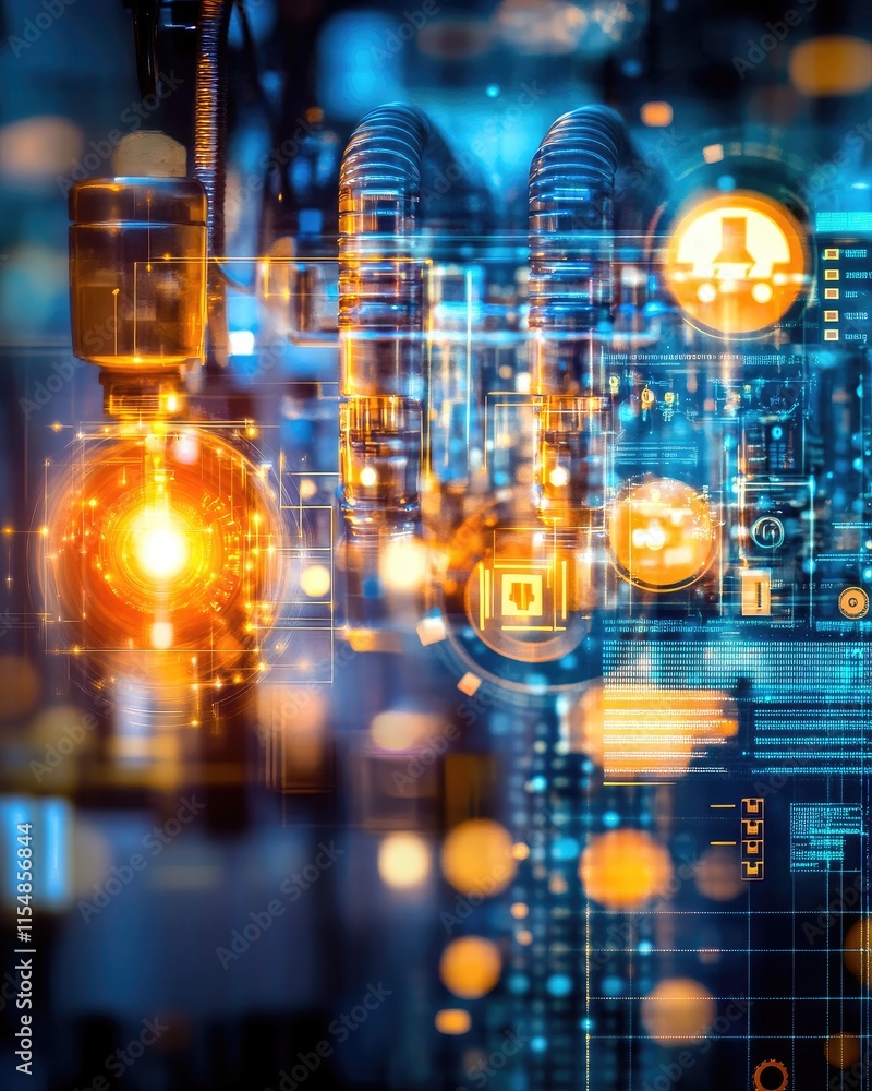 Abstract representation of technology with glowing elements and circuit patterns. Abstract representation of technology with glowing elements and circuit patterns.