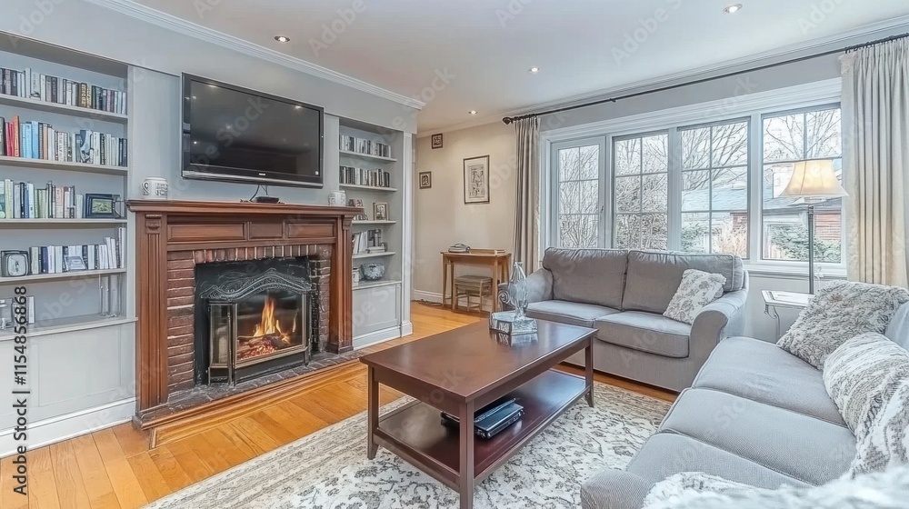Cozy living room with fireplace, built-in bookshelves, and large windows. Cozy living room with fireplace, built-in bookshelves, and large windows.