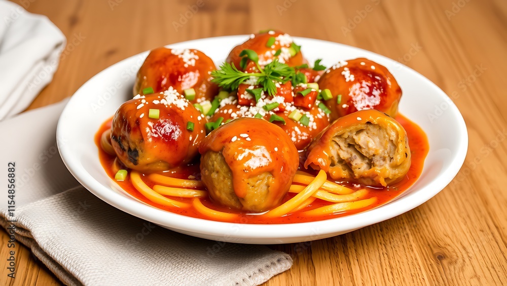 Closeup of meatballs and spaghetti with tomato sauce dish, a classic Italian meal Closeup of meatballs and spaghetti with tomato sauce dish, a classic Italian meal