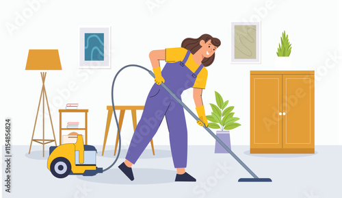 A detailed design showcasing housekeeping services, with tools like vacuum cleaners and mops in action.