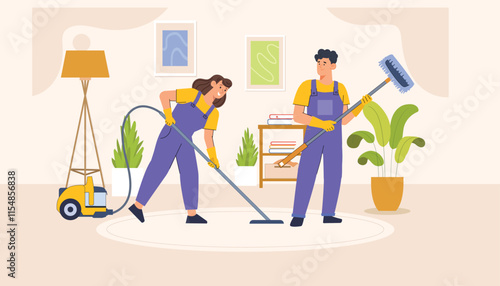 A cheerful depiction of a professional cleaning team maintaining a home with advanced equipment.