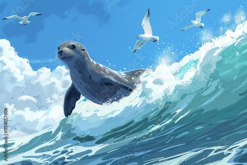 Seal emerges from ocean wave, seagulls fly above.
