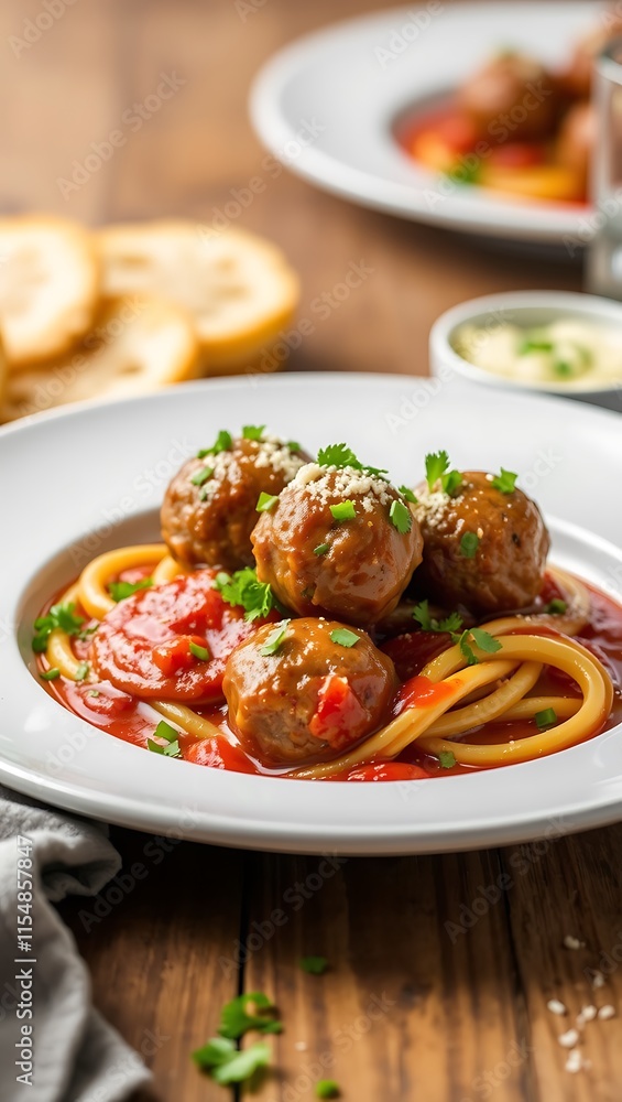 Closeup of meatballs and spaghetti with tomato sauce dish, a classic Italian meal Closeup of meatballs and spaghetti with tomato sauce dish, a classic Italian meal