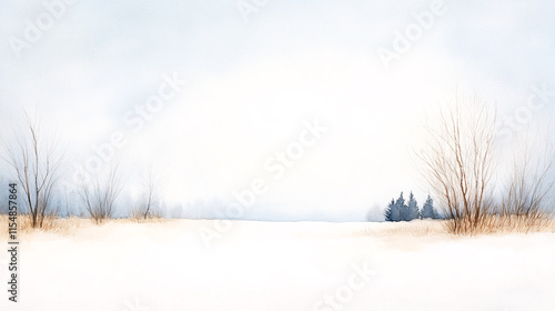 A tranquil frosty watercolor of a snowy meadow under an overcast winter sky. Frosted grasses and scattered evergreens frame the scene, while subtle shadows and delicate brushwork add texture. The