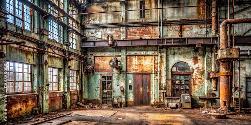 Rusty Industrial Interior Abandoned Factory Building with Aged Walls, Windows, and Pipes Rusty Industrial Interior Abandoned Factory Building with Aged Walls, Windows, and Pipes