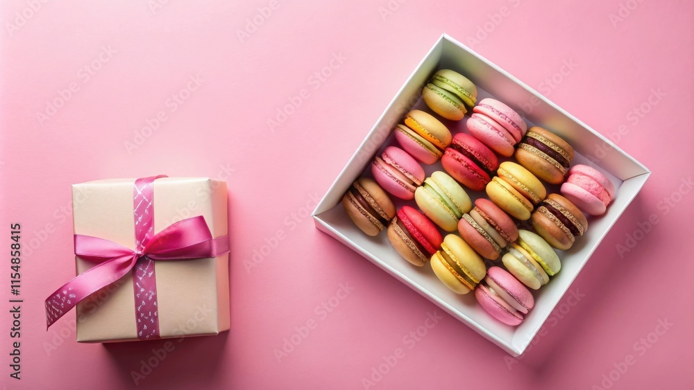 A gift box with a pink ribbon next to a box of colorful macarons on a pink background A gift box with a pink ribbon next to a box of colorful macarons on a pink background