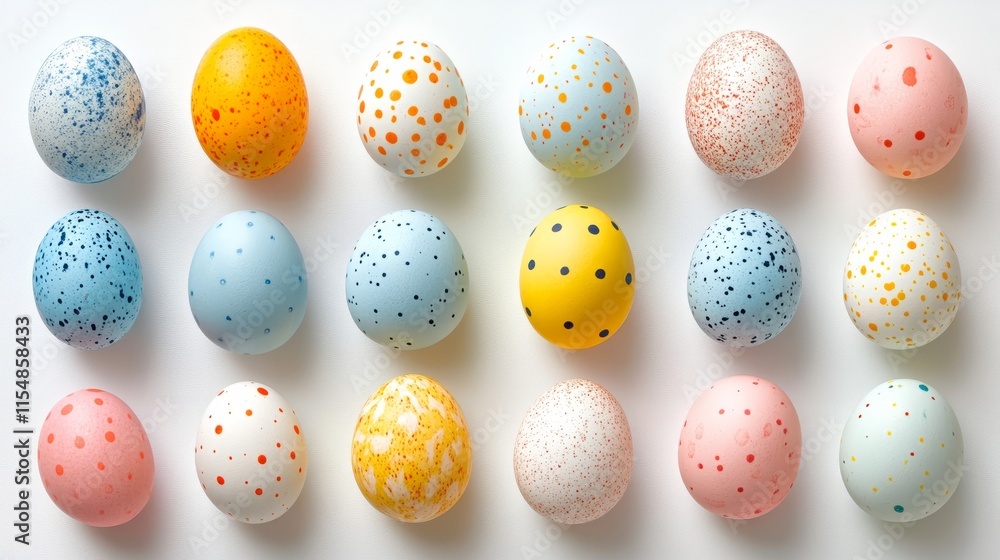 Small pastel Easter eggs arranged in a neat grid pattern on a white background Small pastel Easter eggs arranged in a neat grid pattern on a white background