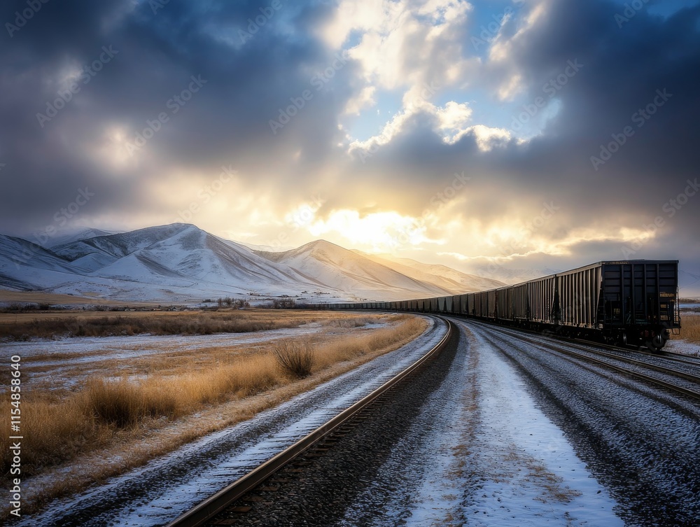 Fototapeta premium A freight train winds through snow-covered mountains, contrasting dark steel with a white landscape, creating a stunning view under a moody sky