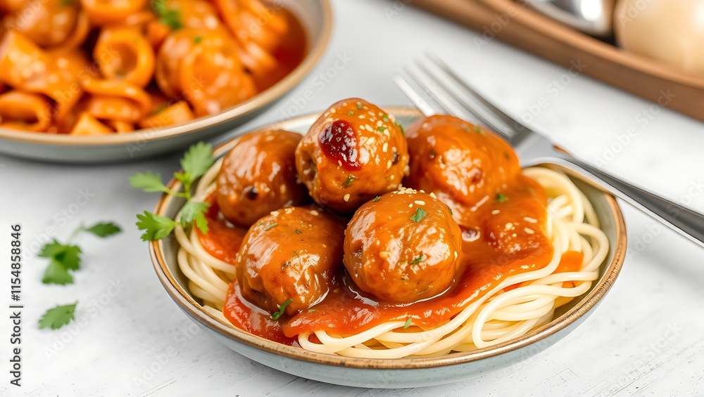 Fototapeta premium Closeup of meatballs and spaghetti with tomato sauce dish, a classic Italian meal