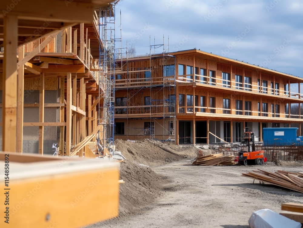 Obraz premium Housing development shows a row of partially built homes under construction, featuring scaffolding and construction materials scattered across the site